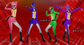 Ann Takamaki, Makoto Niijima, Futaba Sakura and Haru Okumura's Neo Featherman Again costumes in Persona 5: Dancing in Starlight