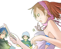 Graphic of the Protagonist, Atsuro Kihara and Yuzu Tanikawa when first using the Demon Summoning Program