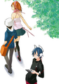 Graphic of the Protagonist, Atsuro Kihara and Yuzu Tanikawa in the endings of the Atsuro and Gin routes.
