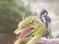 Color illustration of Nakajima riding Cerberus from Digital Devil Story: Megami Tensei