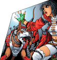 Graphic depicting Emi Kirishima with her dog Newton from the opening of the game
