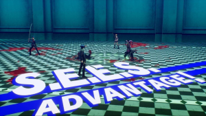 S.E.E.S. beginning a battle with a chance encounter. The text "S.E.E.S. ADVANTAGE!" is displayed on the floor of Tartarus.