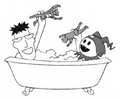 Illustration of Jack Frost and Kazuma Kaneko playing with action figures in a bathtub from "Kazuma Deluxe" Vol. 10